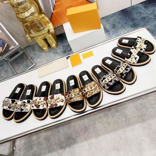 

2022 spring summer selling couple slippers fashion horsehair leopard print big metal chains leisure thick soled shoes scuffs men women desig, Black