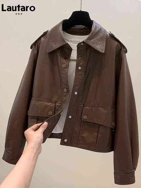 

lautaro spring autumn short brown black soft faux leather jacket women turn-down collar pockets loose casual korean fashion 2022 l220728