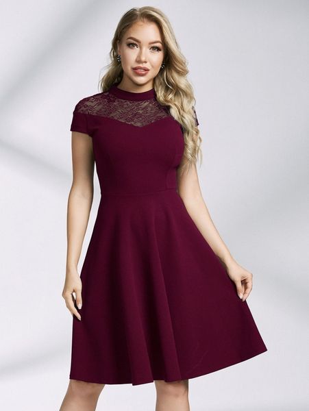 

miusol mock neck lace yoke skater dress l3lo#, Black;gray