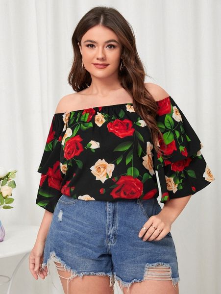 

plus floral print off the shoulder layered sleeve blouse 83xj#, Black
