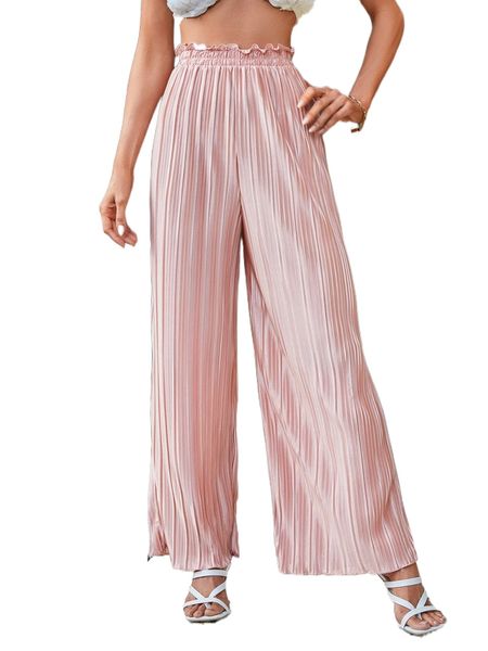 

solid plisse wide leg paperbag pants o1e8#, Black;white