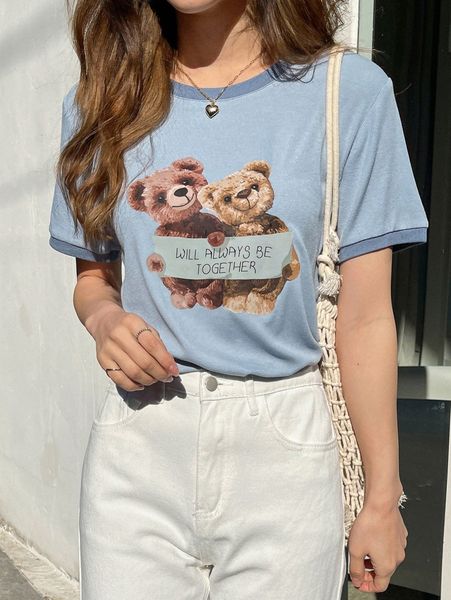

dazy bear and slogan graphic tee e5hm#, White