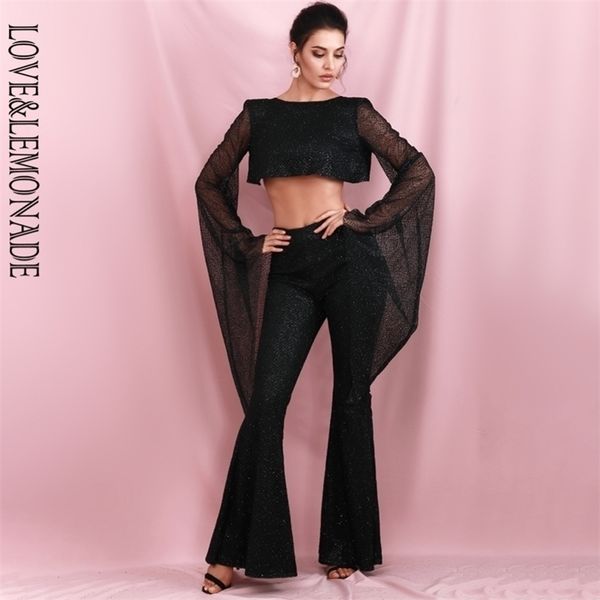 

love&lemonade rose gold cut out open back trumpet shape glitter glue bead material long sleeve jumpsuit lm81629 y200904, Black;white