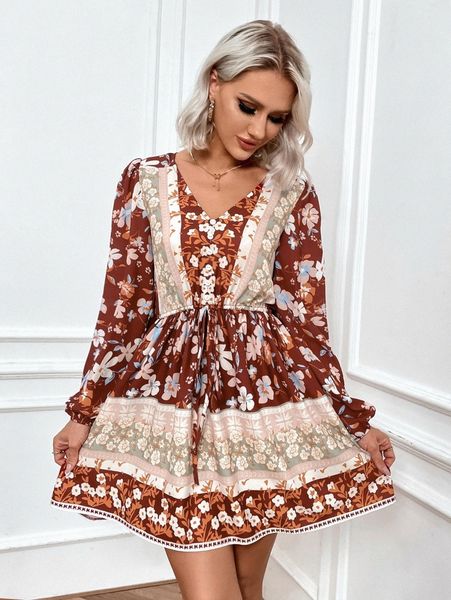 

eilly bazar floral print lantern sleeve knot front dress f6lm#, Black;gray
