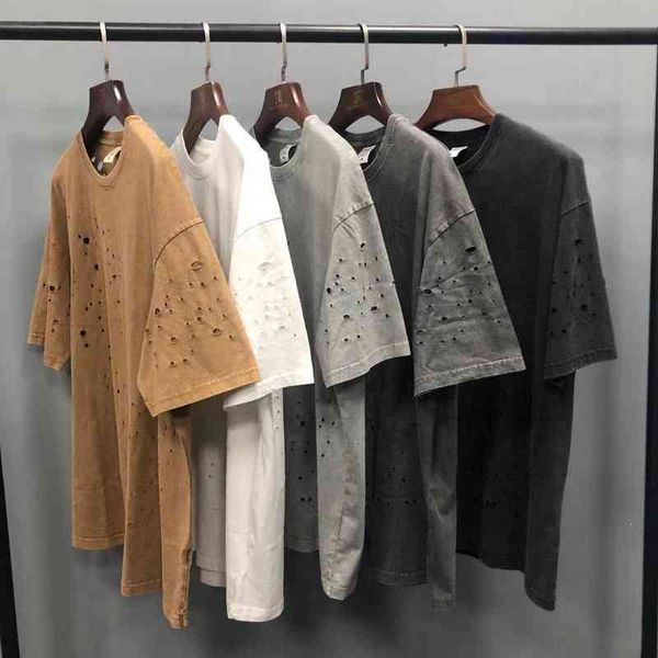 

men's t-shirts summer high street ins hip hop hole oversize loose solid color bottomed short sleeve t-shirt men kyyw, White;black