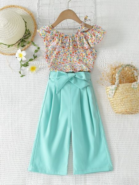 

little girl's broken flower asymmetric collar ruffle and belt trousers she, White
