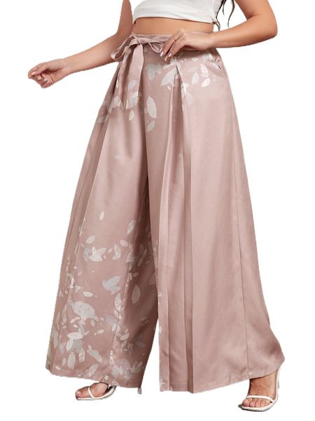 

x ashuriicouture plus high waist tie front wide leg pants t88v#, Black