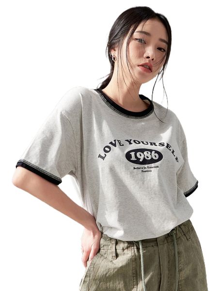 

dazy slogan print contrast binding tee q033#, White