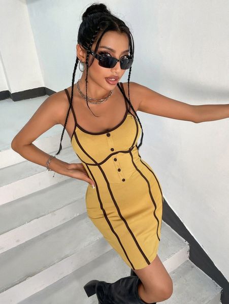 

contrast binding button front cami dress 09zv#, Black;gray