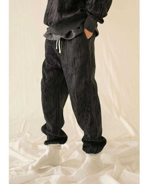 

men's pants monkey time japanese velvet washing process wrinkled worn loose solid color casual pants, Black
