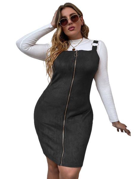 

plus zipper up overall dress without tee 37xy#, Black