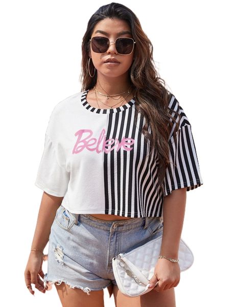 

plus striped & letter graphic drop shoulder tee a7fl#, Black