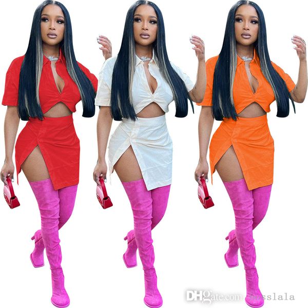 

designer womens clothes fashion dress suit solid color button split skirt two piece set sportwear, White