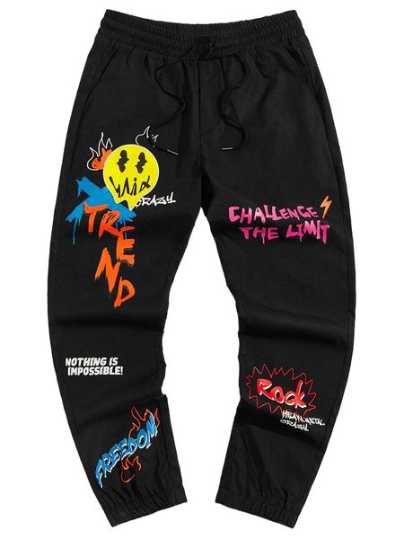 

men slogan & cartoon face print drawstring waist pants 47wz#, Black