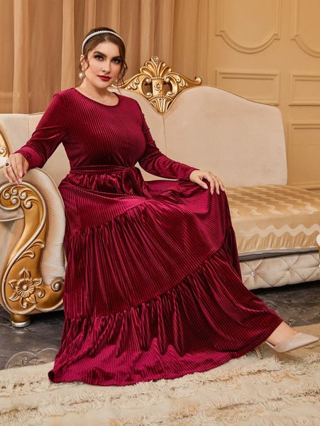 

plus ruffle hem belted velvet maxi dress p9tj#, Black