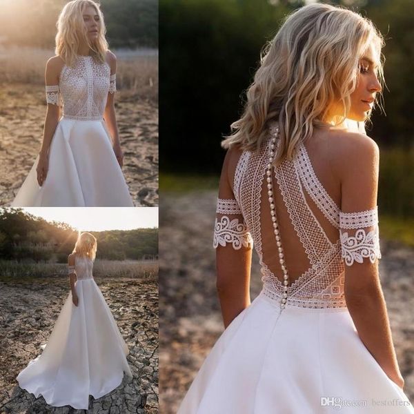 

2022 western garden boho wedding dresses a line jewel neck lace satin bridal gowns buttons back beach robe de mariee bc10995, White
