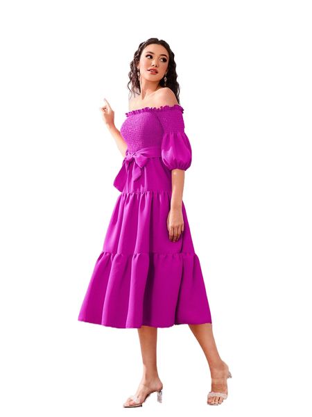 

shirred off shoulder lantern sleeve ruffle hem belted dress c3jk#, Black;gray