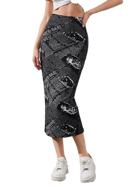 

newspaper print split back skirt f6d1#, Black