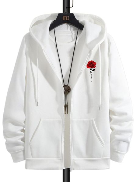 

men rose print drawstring zip up hoodie without tee i5jx#, Black
