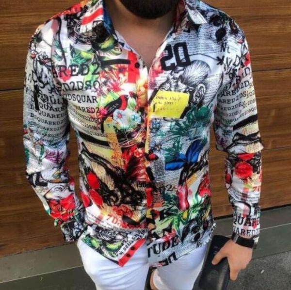 

men shirt fashion luxury social turn-down collar buttoned shirt casual digital print long sleeve men clothing prom cardigan, White;black