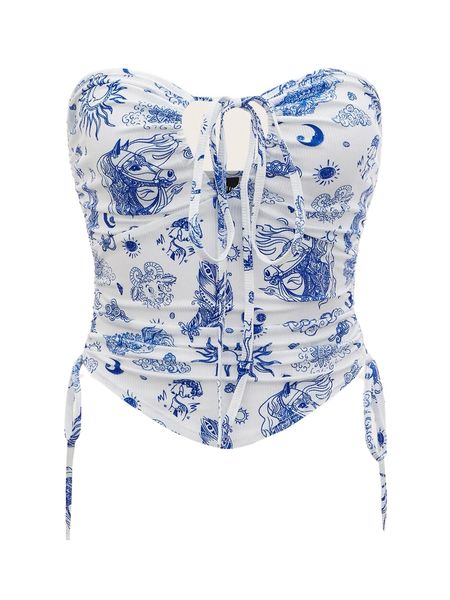 

feather & animal print drawstring side tie backless halter 143w#, White