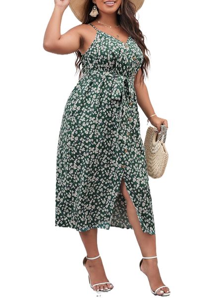 

plus ditsy floral print button front belted cami dress f5vl#, Black