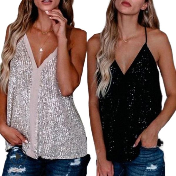

women's tanks & camis 2021 summer clothing european and american style sequined sling type v-neck straight vest ladies fashion wh25 u5f, White