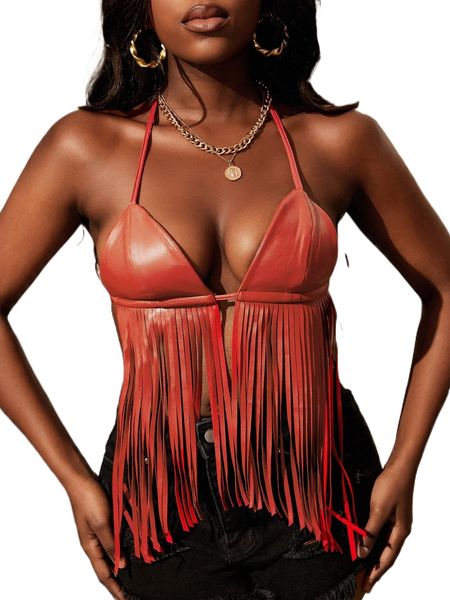 

sxy halter neck tie backless fringe hem 33qk#, White