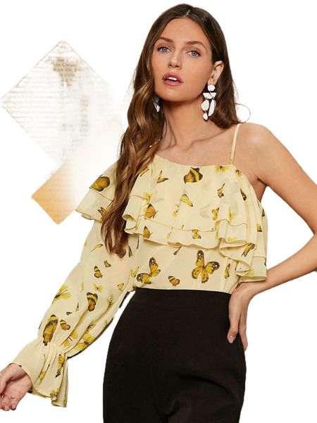 

asymmetrical neck butterfly print layered ruffle blouse g8zu#, White