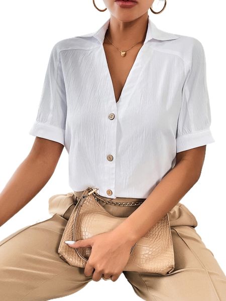 

solid button front shirt 338i#, White