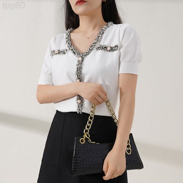 

women's sweaters designer []temperament small fragrance short sleeved ice silk sweater pullover summer slim fit v-neck nail bead blouse, White;black