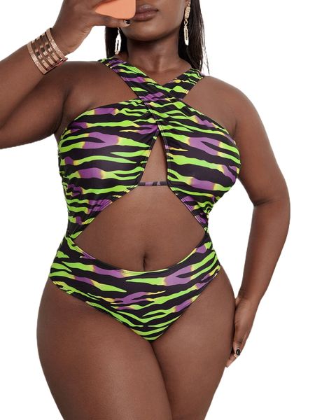 

plus allover graphic criss cross one piece swimsuit 44j5#, White;black