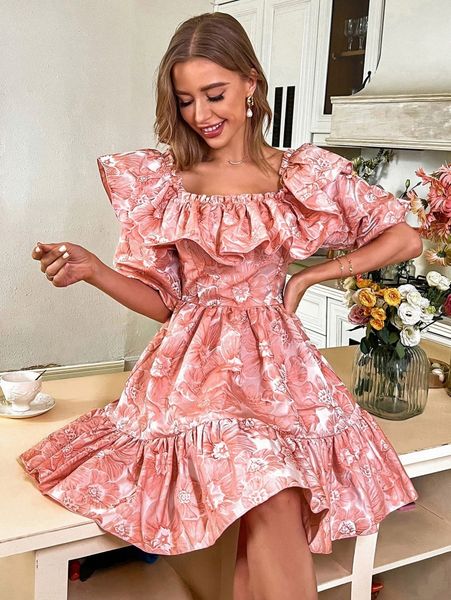 

floral print ruffle trim a-line dress s5vc#, Black;gray