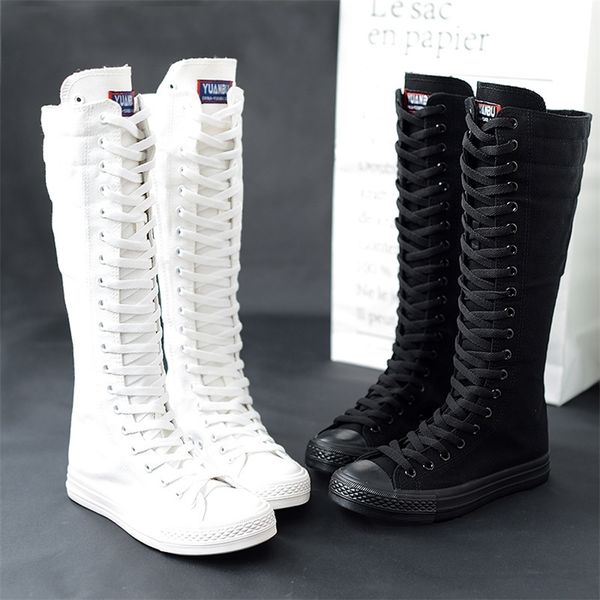

spring autumn women shoes canvas casual high shoes long boots lace-up zipper comfortable flat boots sneakers 220805, Black