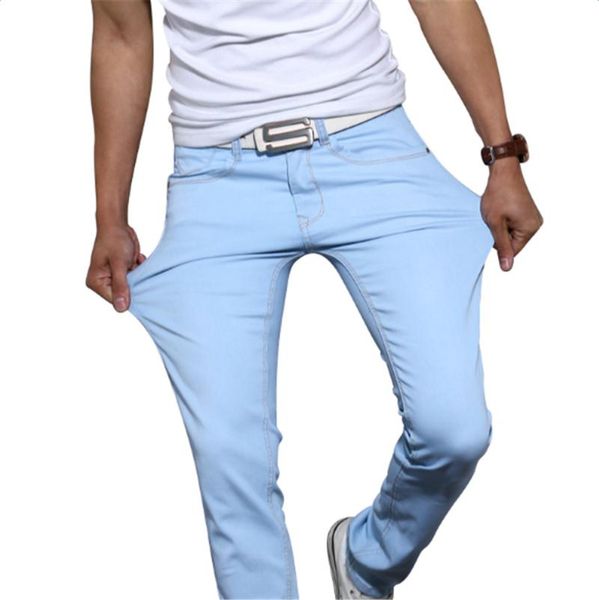 

men's jeans men solid colors mid cowboy tight pants elastic casual straight skinny stretch blue trousers