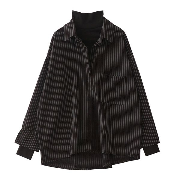 

fake two piece striped shirt women patchwork knitted turtleneck autumn winter long sleeve casual loose female blouse 210326, White