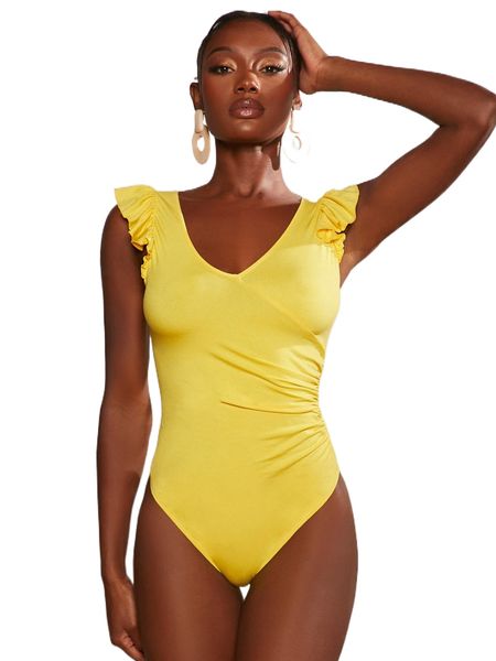 

ruched side ruffle trim bodysuit s9dk#, White