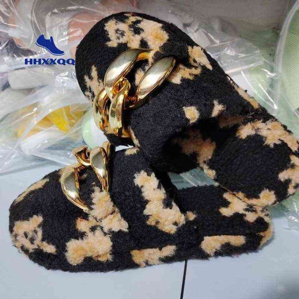 

new lovely chain furry slippers for women home floor indoor home plus fur slides fashion shoes home metal chains warm y220728, Black