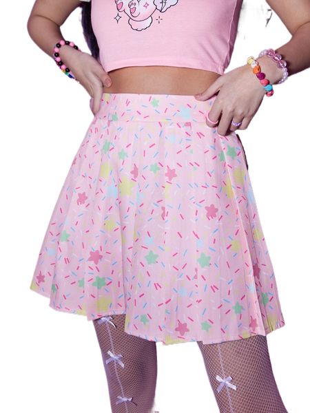 

romwe anime star print pleated skirt n3tk#, Black
