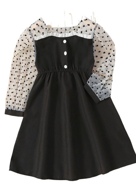 

girls polka dot print frill trim dress j2y8#, Black;white