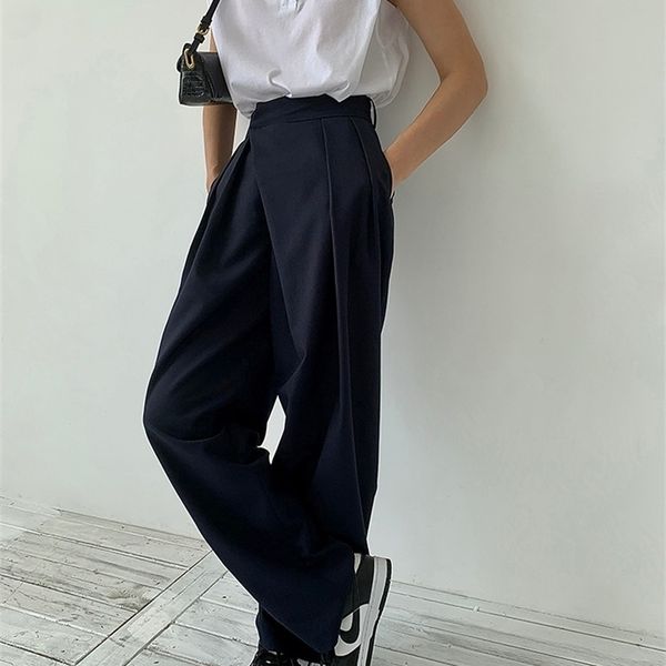

women spring summer straight loose wide leg mop trousers high waist casual baggy cozy fashion work pant quality 220325, Black;white