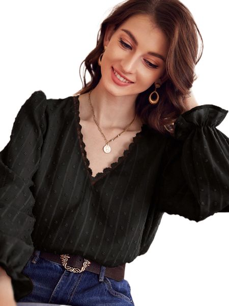 

swiss dot lace trim blouse t8sw#, White