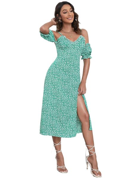 

cold shoulder ditsy floral high split dress g5aq#, Black;gray