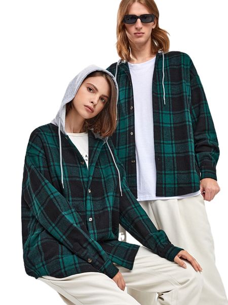 

1pc plaid drop shoulder drawstring hooded shirt v37e#, White;black