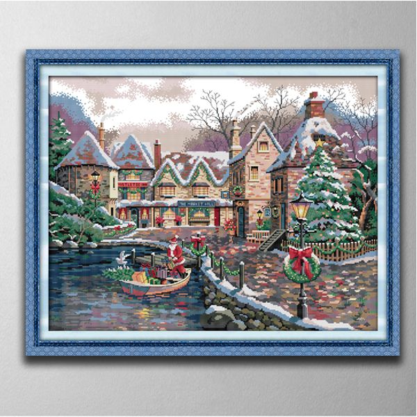 Christmas Town Handmade Cross Stitch Craft Tools Borderyer Behithwork Sets Counted Print on Canvas DMC 14CT 11ct Decora￧￣o de casa pinturas