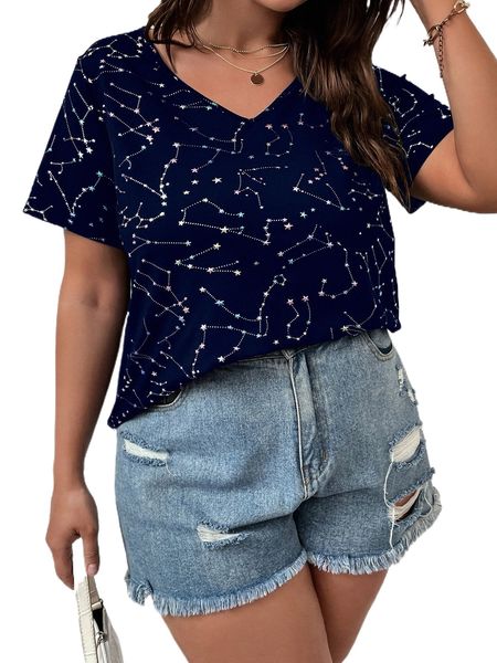 

plus star print v neck tee y4m6#, Black