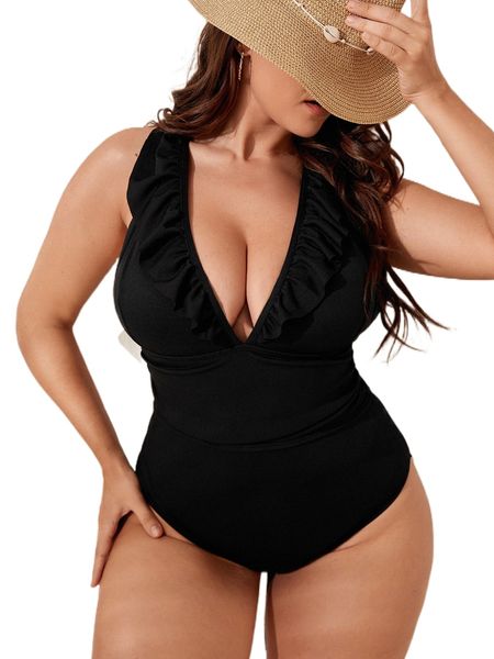 

plus ruffle trim one piece swimsuit i0f5#, White;black