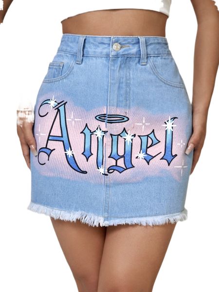 

letter graphic raw hem denim skirt r1hj#, Black