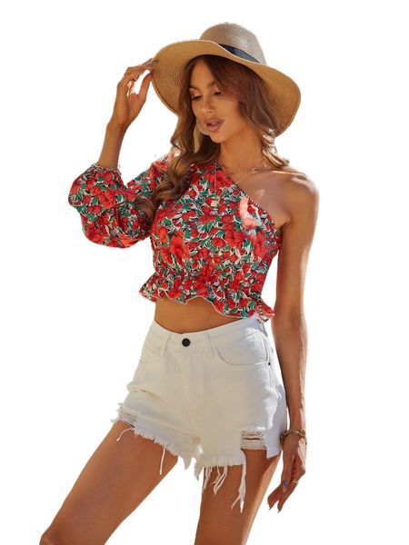 

floral print one shoulder lantern sleeve ruffle hem crop blouse p734#, White