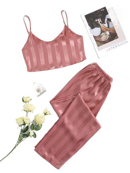 

striped satin cami & pants pj set h6xl#, Black;red